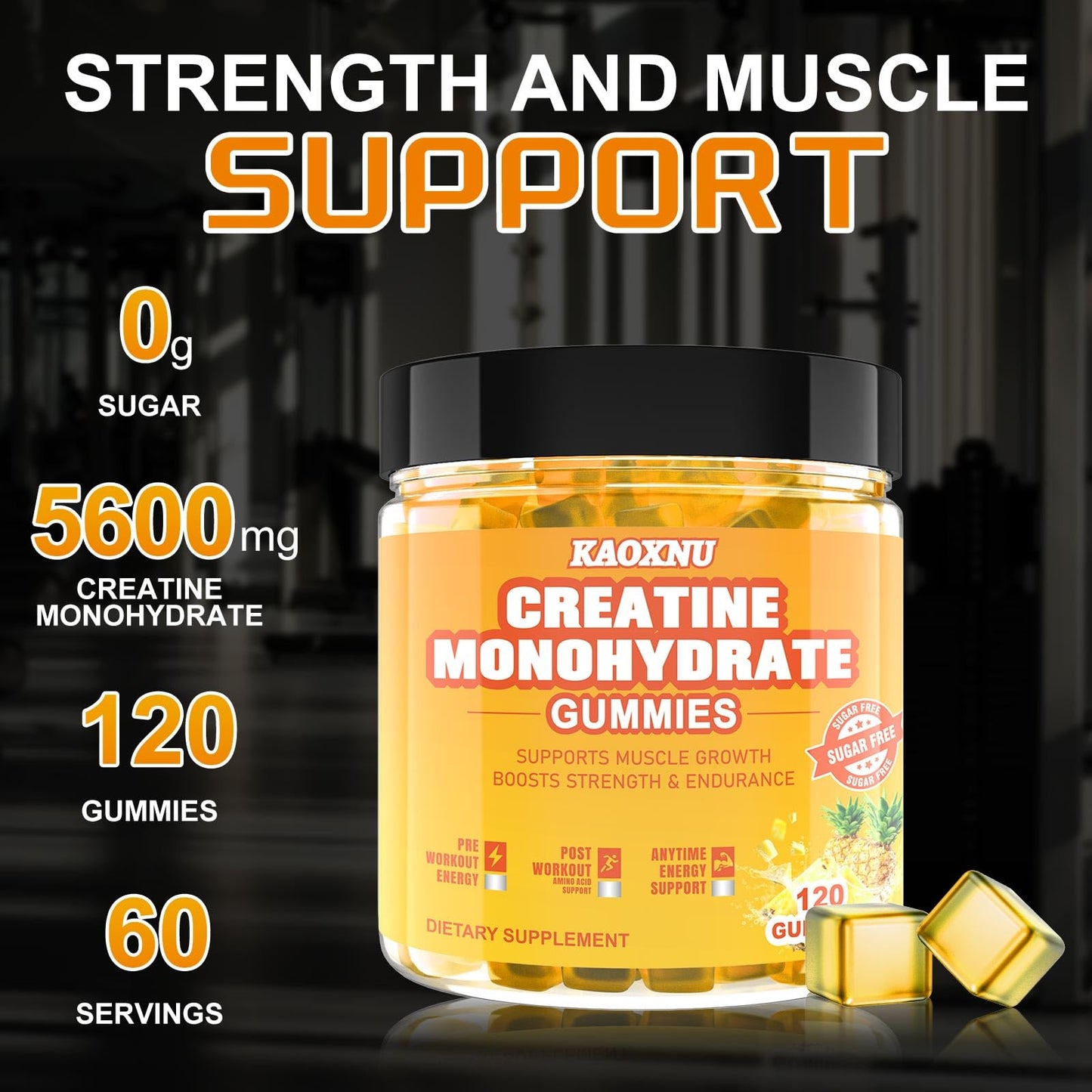 Creatine Monohydrate Gummies 5600mg – 120 CT, Sugar Free Vegan Pineapple Flavor
