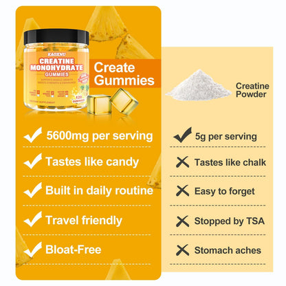 Creatine Monohydrate Gummies 5600mg – 120 CT, Sugar Free Vegan Pineapple Flavor