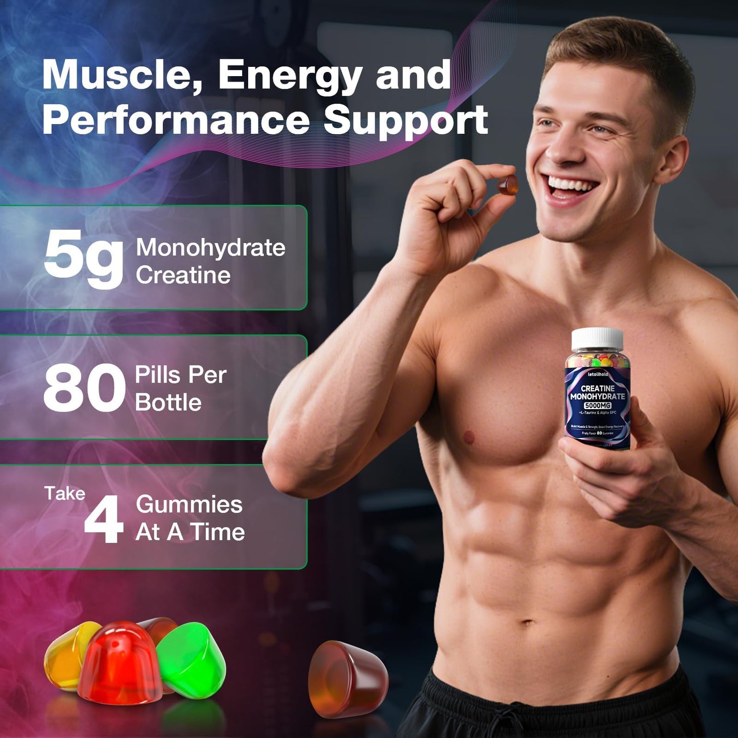 Creatine Monohydrate Gummies 5g for Women & Men – Sugar-Free Vegan, 160 Count