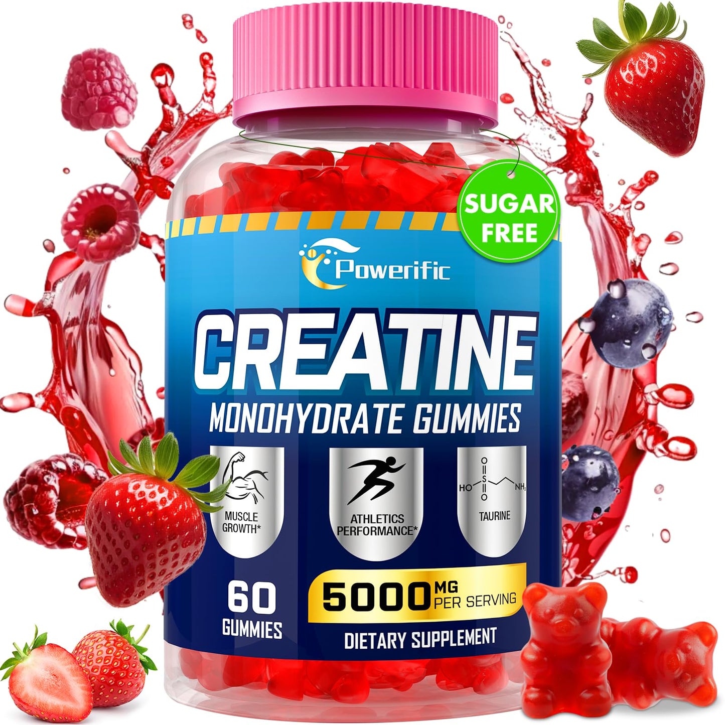 Creatine Monohydrate Gummies with Taurine, Vitamin B6 & B12 – Pre-Workout, Vegan, 60 Count