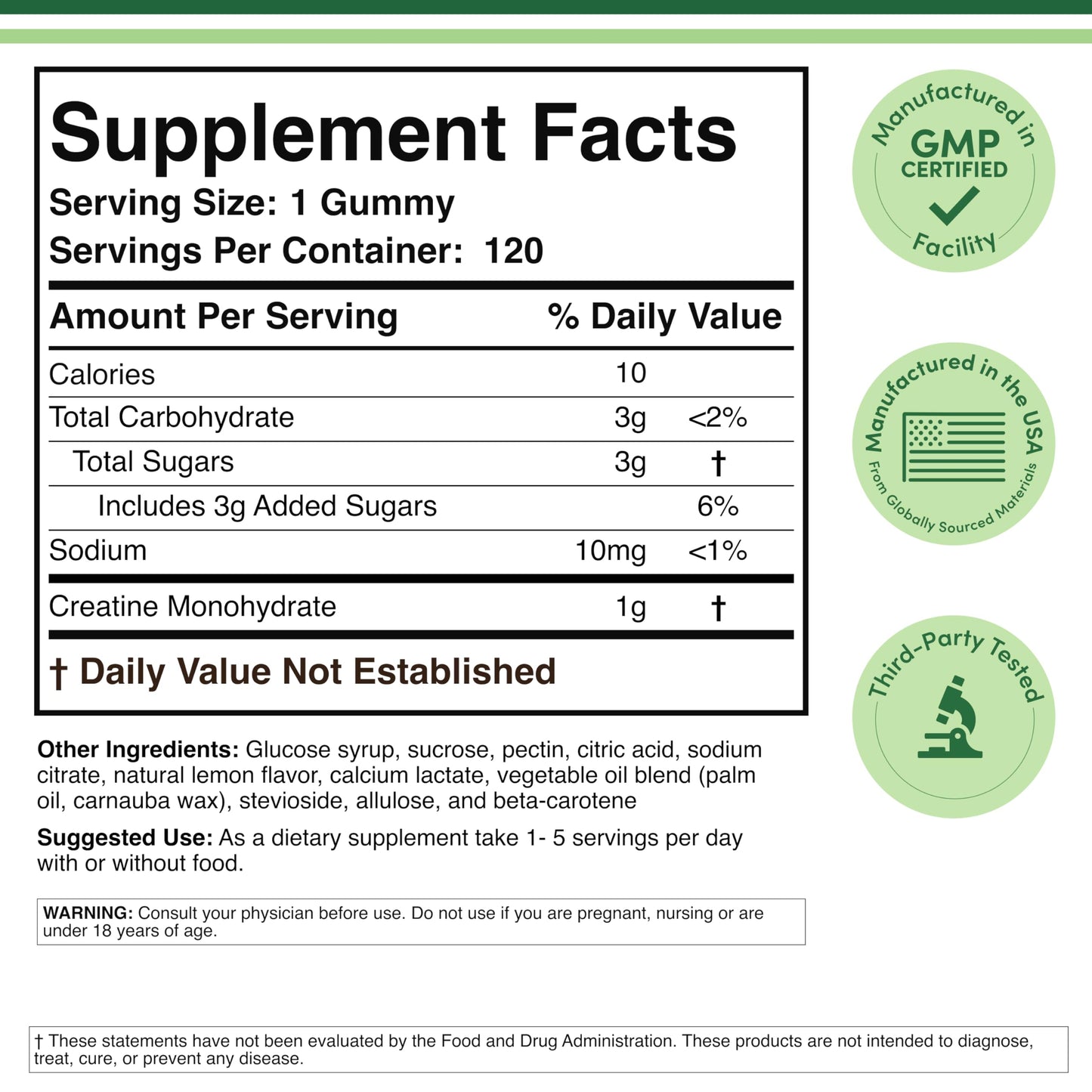 Creatine Monohydrate Gummies – 1g Per Gummy, 120 Count | Vegan, Non-GMO, Gluten Free | Double Wood