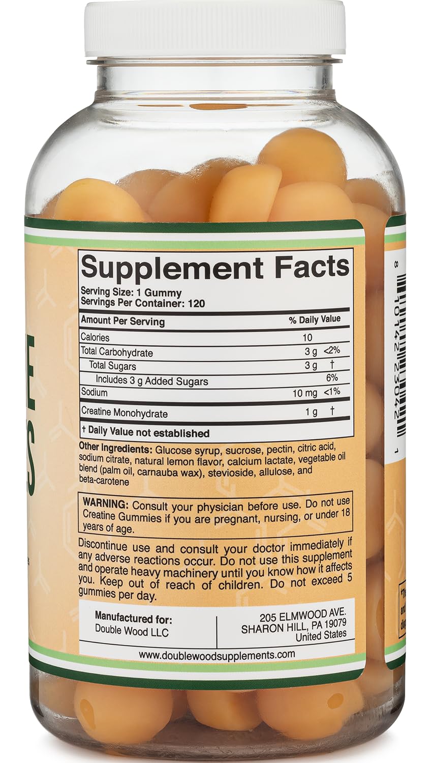 Creatine Monohydrate Gummies – 1g Per Gummy, 120 Count | Vegan, Non-GMO, Gluten Free | Double Wood