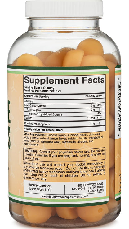 Creatine Monohydrate Gummies – 1g Per Gummy, 120 Count | Vegan, Non-GMO, Gluten Free | Double Wood