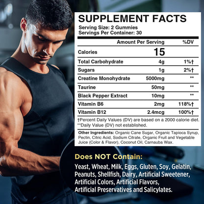 Creatine Monohydrate Gummies with Taurine, Vitamin B6 & B12 – Pre-Workout, Vegan, 60 Count