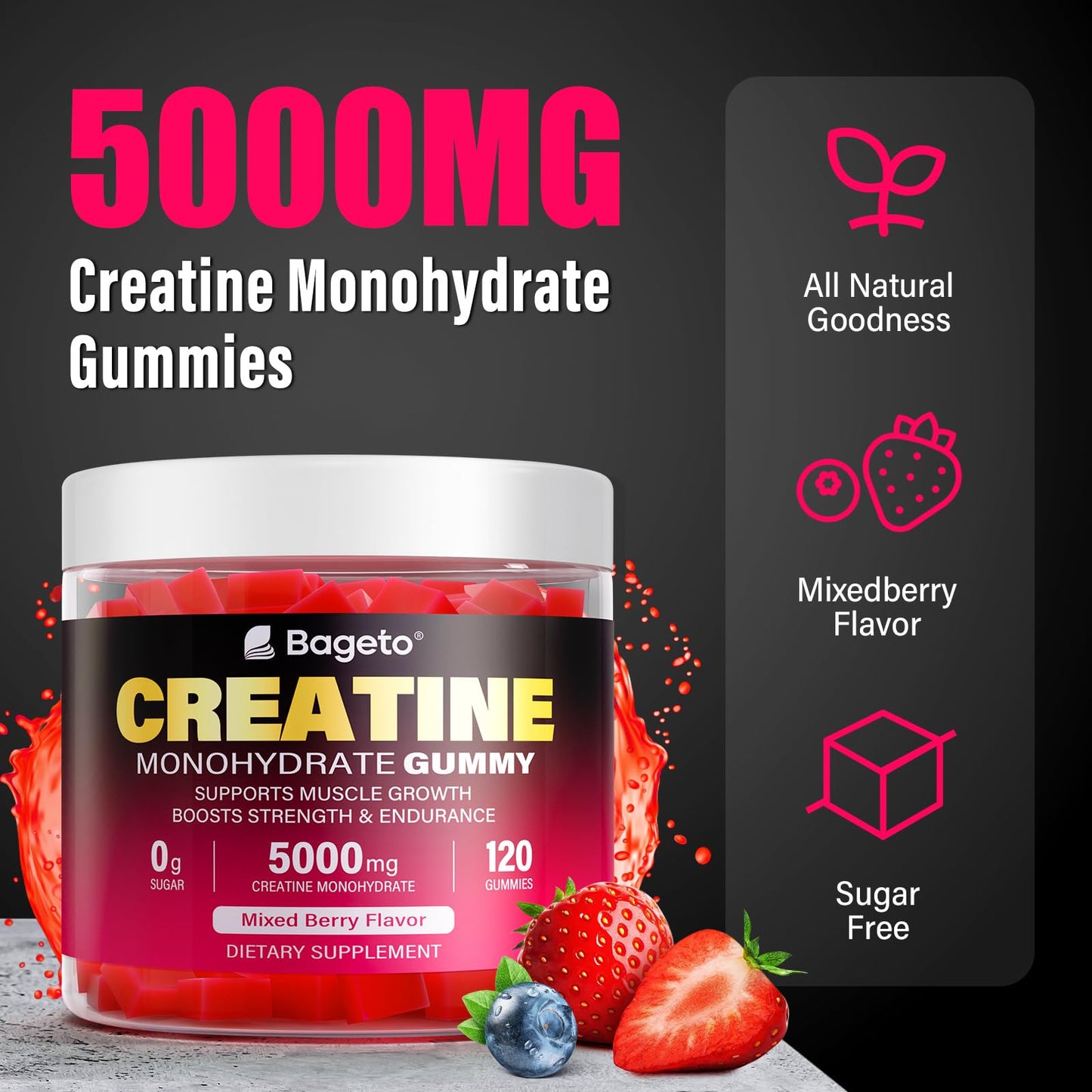 Creatine Monohydrate Gummies 5000mg – 120 Count, Mixed Berry
