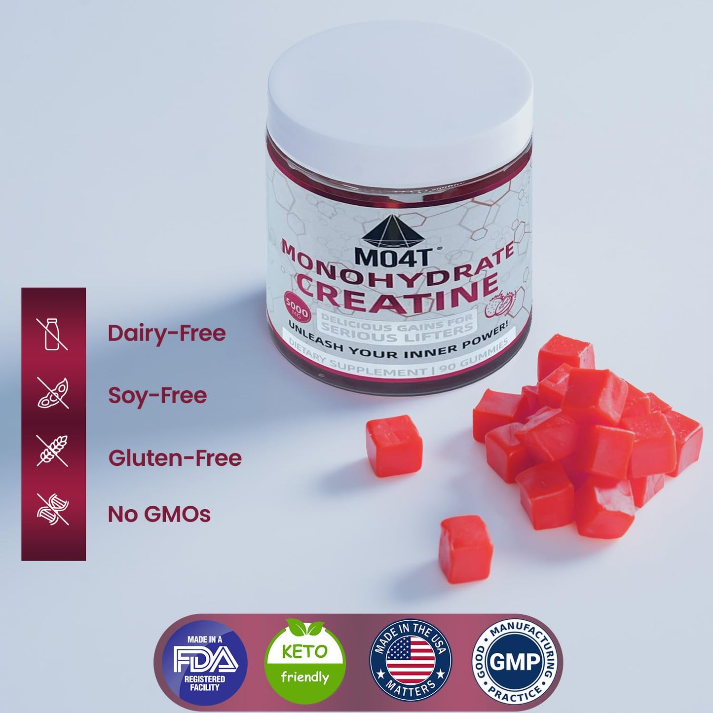 Creatine Monohydrate Gummies 5000 mg – Sugar Free, Strawberry Flavor