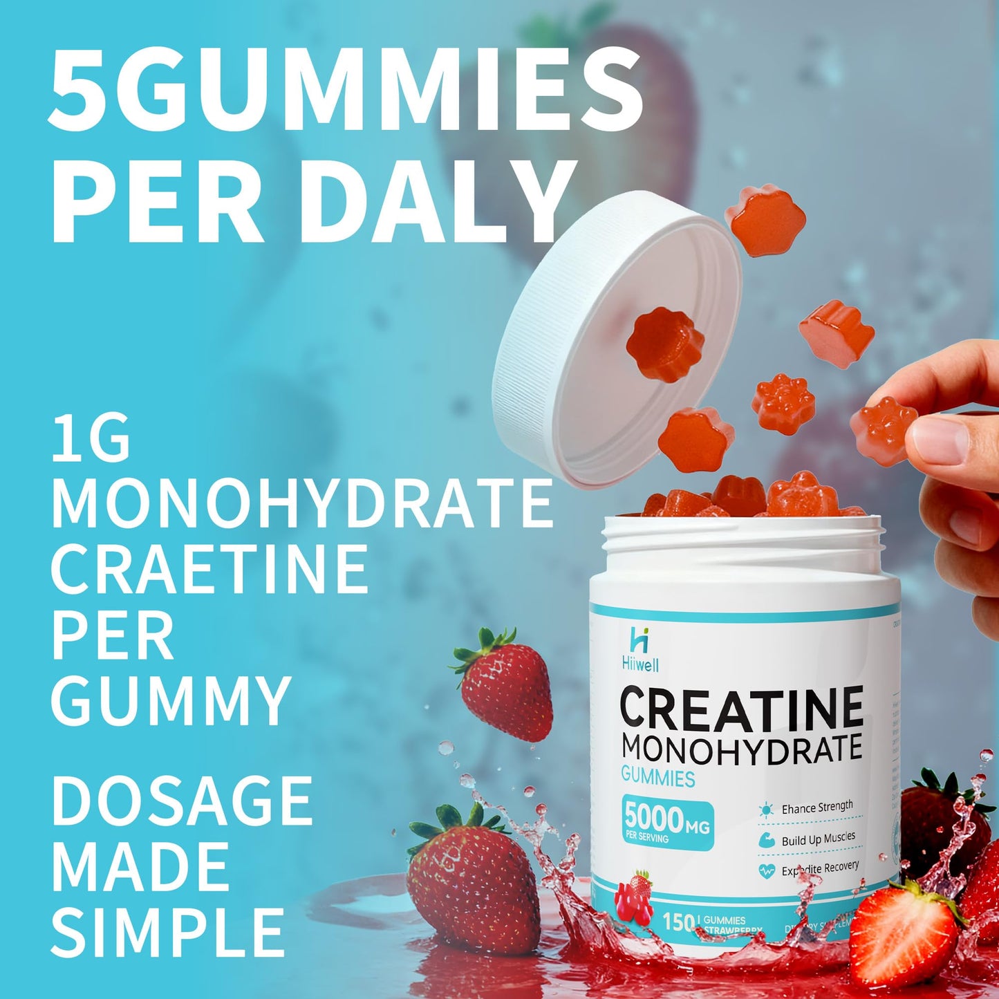 Creatine Monohydrate Gummies 5g – 150 Gummies (30 Servings) | Vegan, L-Carnitine, B6 & B12, Pre-Workout