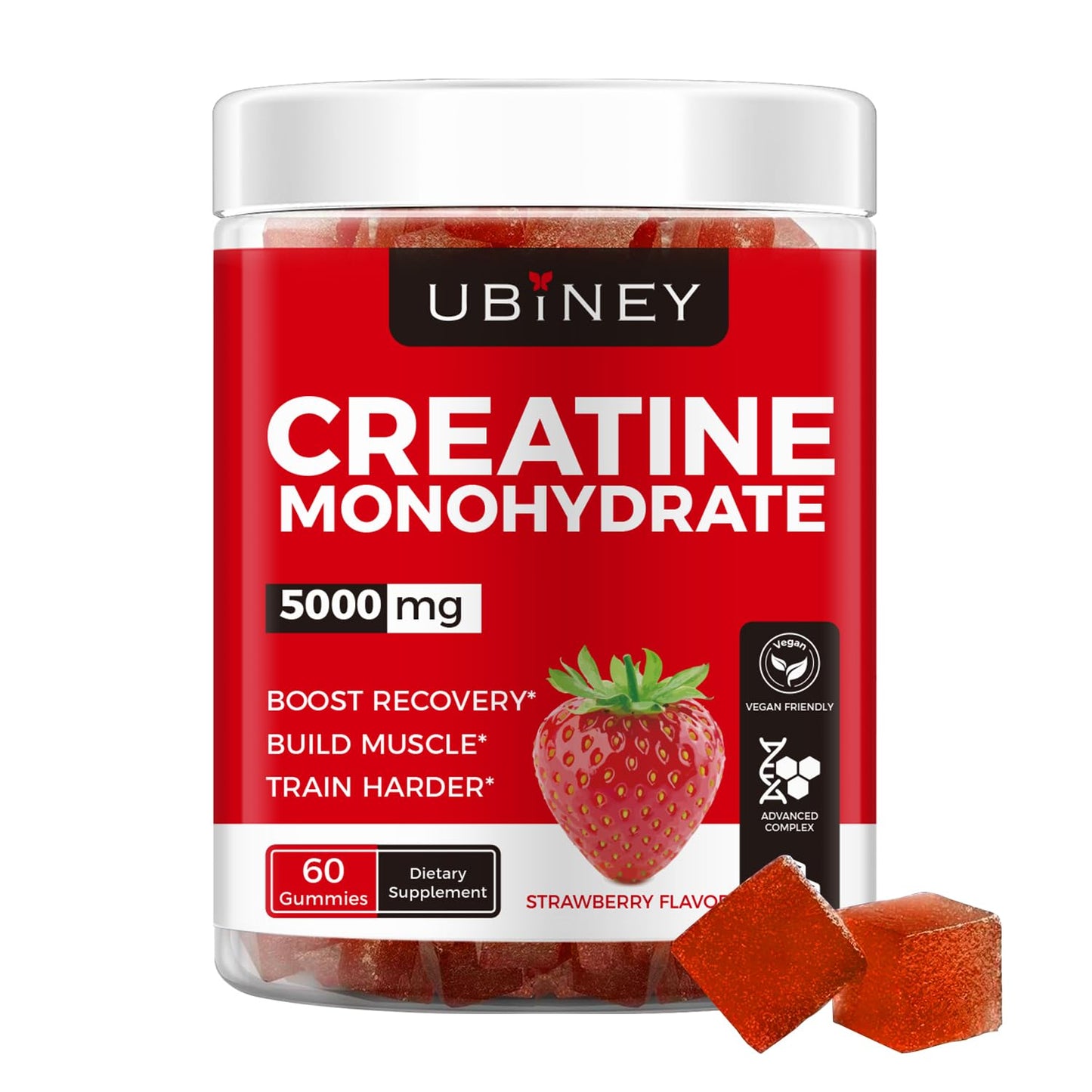 Creatine Monohydrate Gummies 5000mg – Sugar-Free, Vegan, Gluten-Free, Strawberry (60 Count)