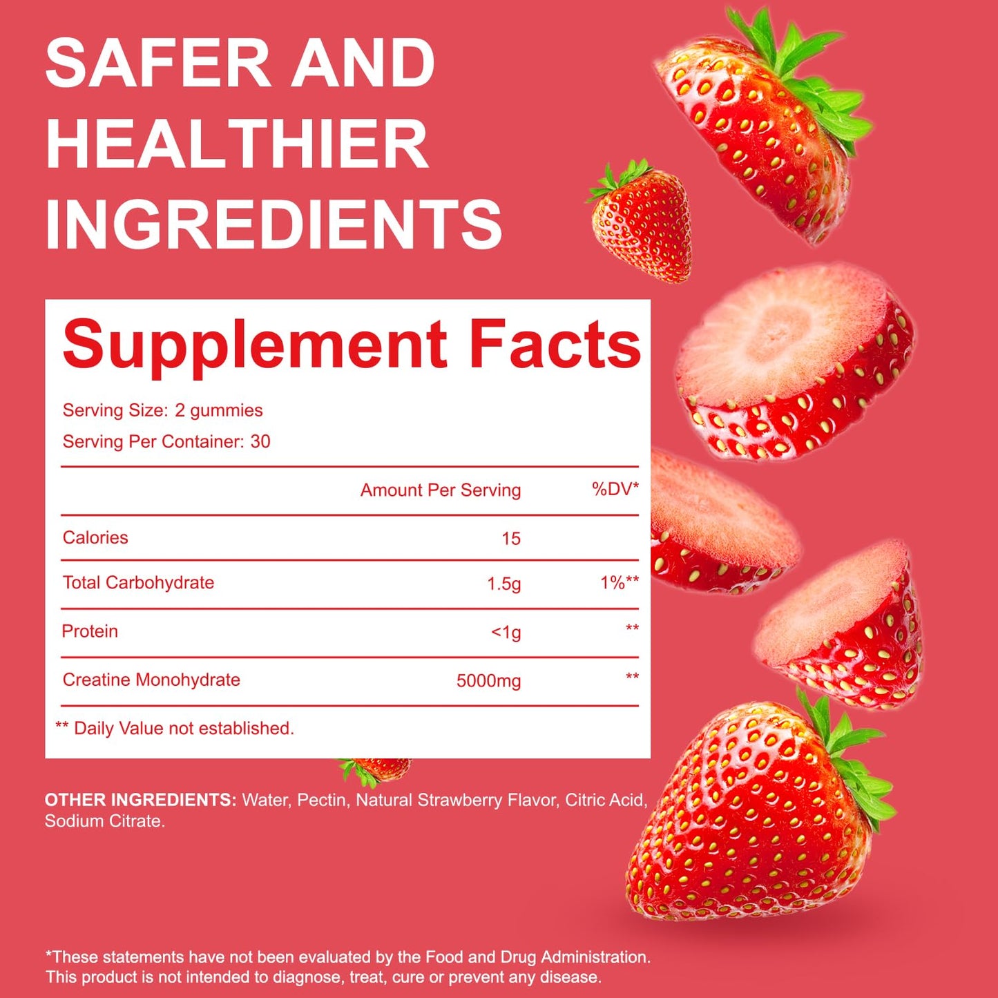 Creatine Monohydrate Gummies 5000mg – Sugar-Free, Vegan, Gluten-Free, Strawberry (60 Count)