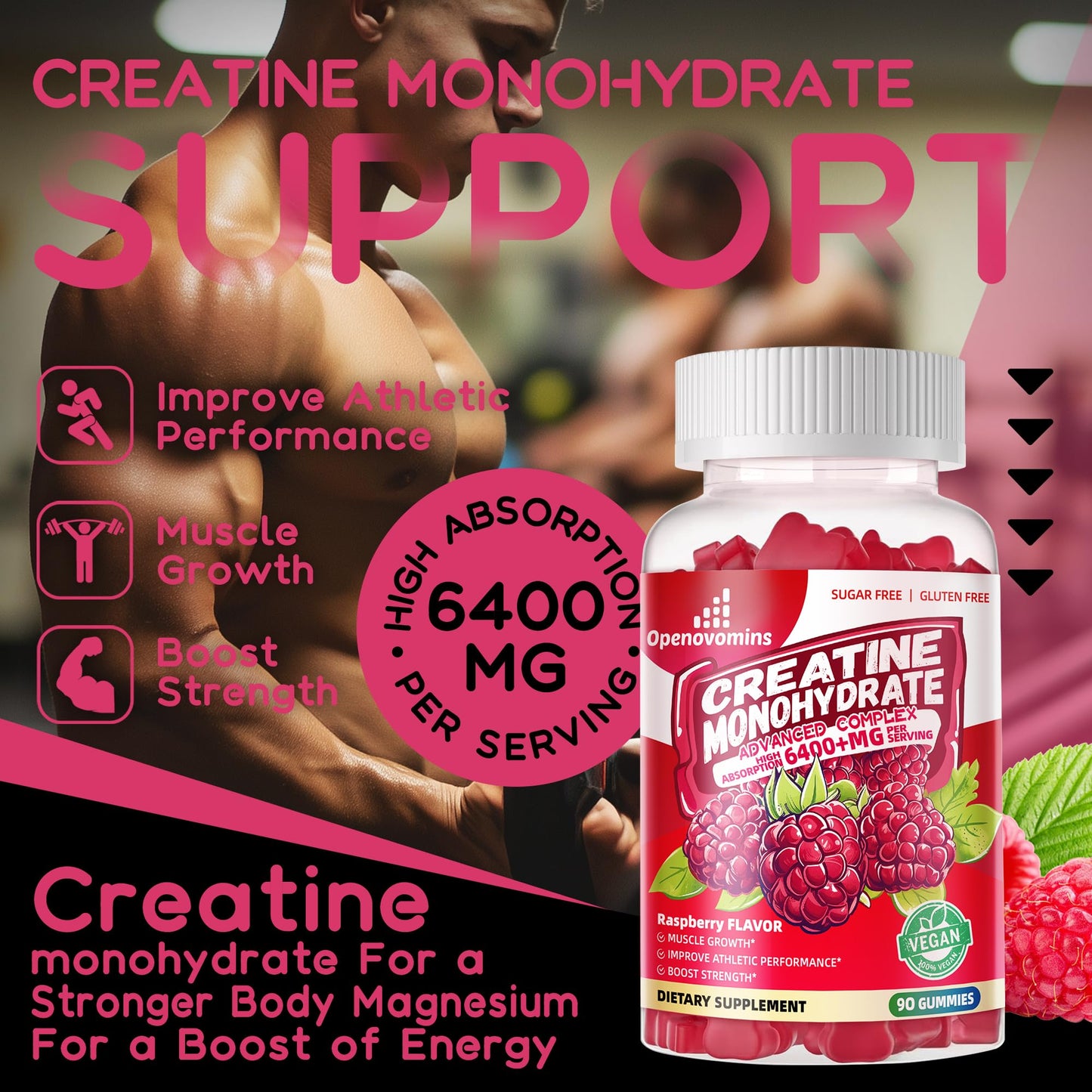 Creatine Monohydrate Gummies 6400mg – Sugar Free (90 Raspberry Gummies)