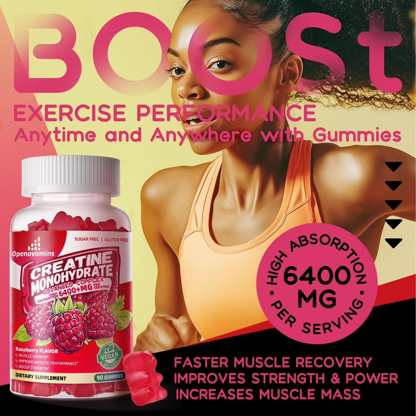 Creatine Monohydrate Gummies 6400mg – Sugar Free (90 Raspberry Gummies)