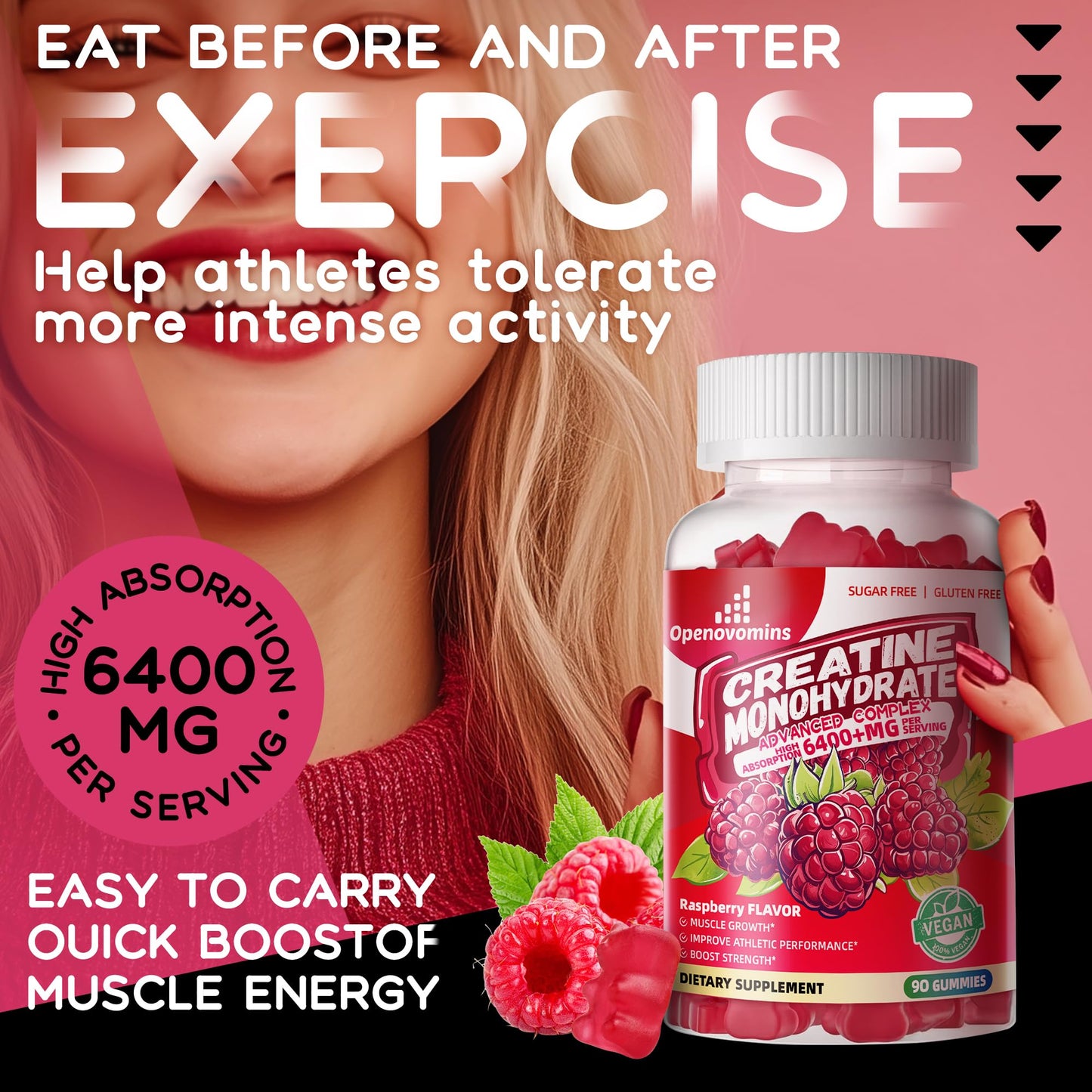 Creatine Monohydrate Gummies 6400mg – Sugar Free (90 Raspberry Gummies)