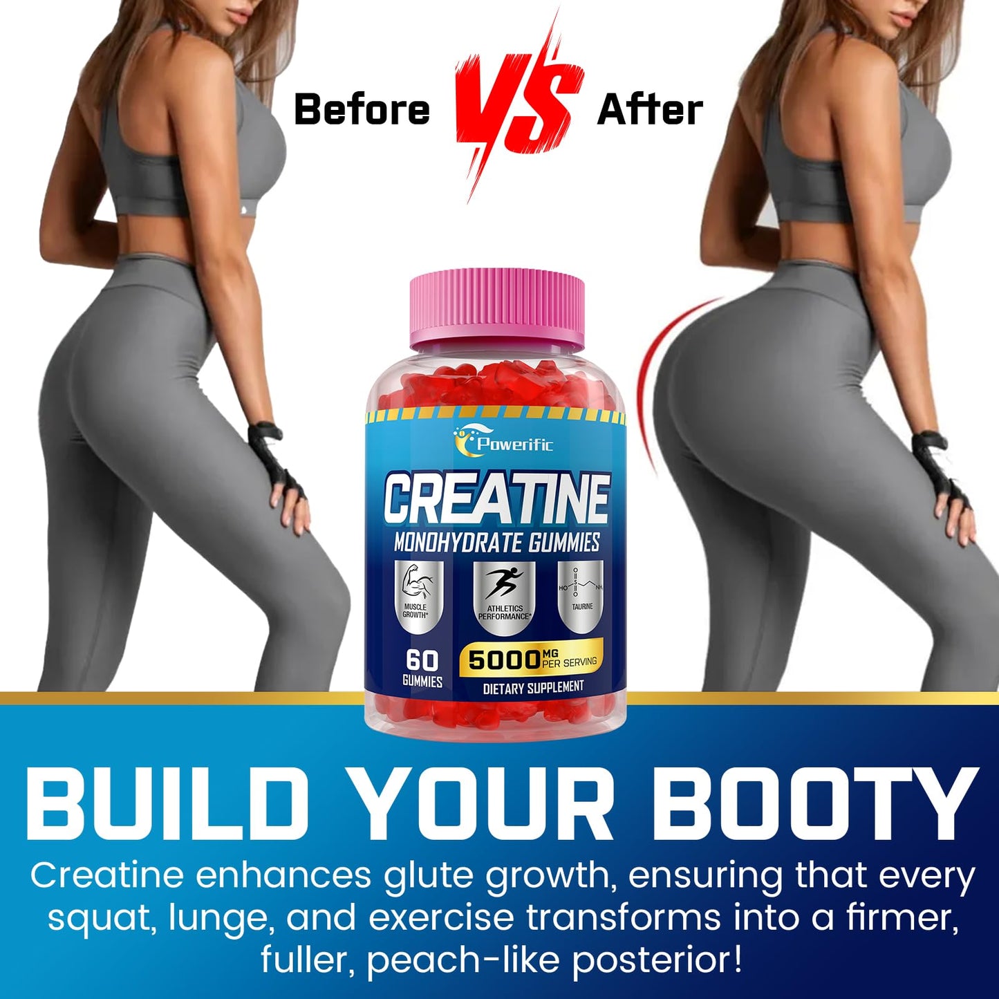 Creatine Monohydrate Gummies with Taurine, Vitamin B6 & B12 – Pre-Workout, Vegan, 60 Count