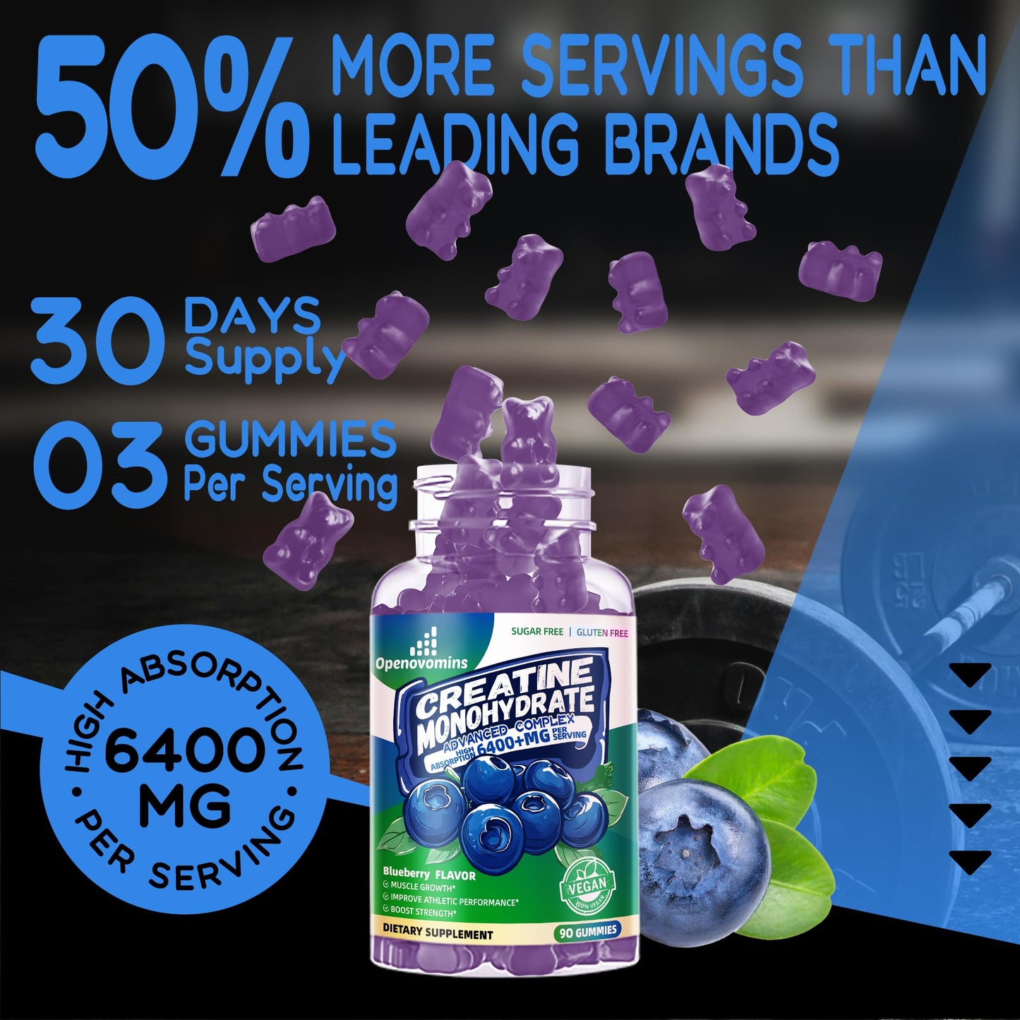 Creatine Monohydrate Gummies Complex – Sugar Free, 90 Blueberry Gummies | W-L-Taurine & Vitamin B12