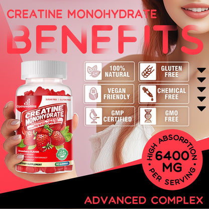 Creatine Monohydrate Gummies Complex – Advanced Formula with L-Taurine & Vitamin B12 | 90 Strawberry Gummies
