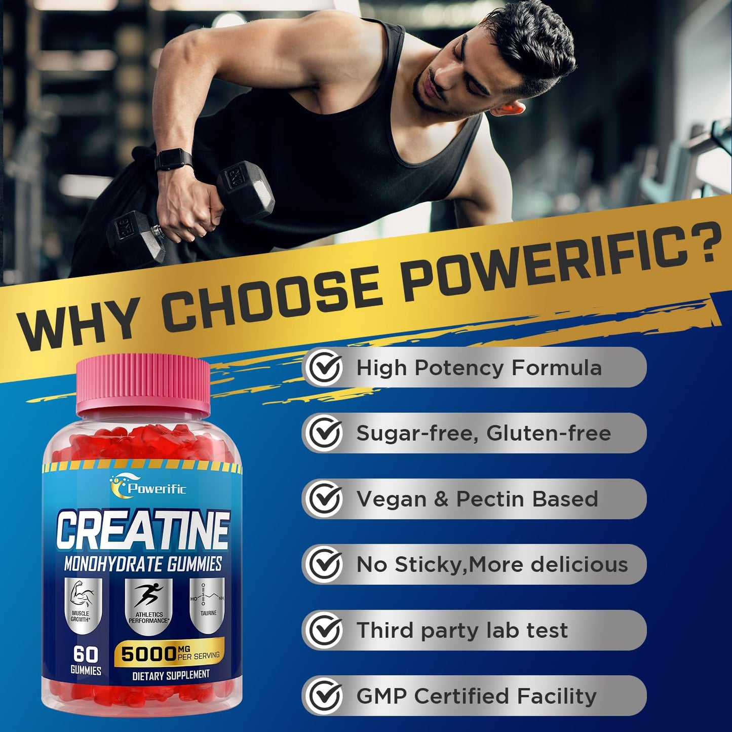Creatine Monohydrate Gummies with Taurine, Vitamin B6 & B12 – Pre-Workout, Vegan, 60 Count