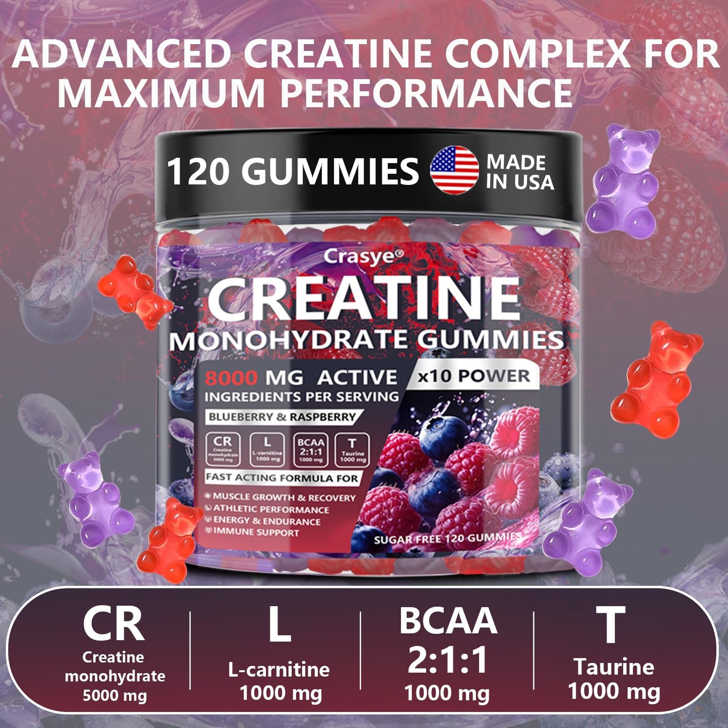 Creatine Monohydrate Gummies Complex 8000 MG for Men & Women | Energy & Muscle Support
