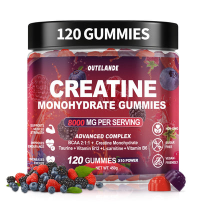 Creatine Monohydrate Gummies 8000 mg – Sugar Free, Vegan, Raspberry-Blackberry-Blueberry Flavor, 120 Count