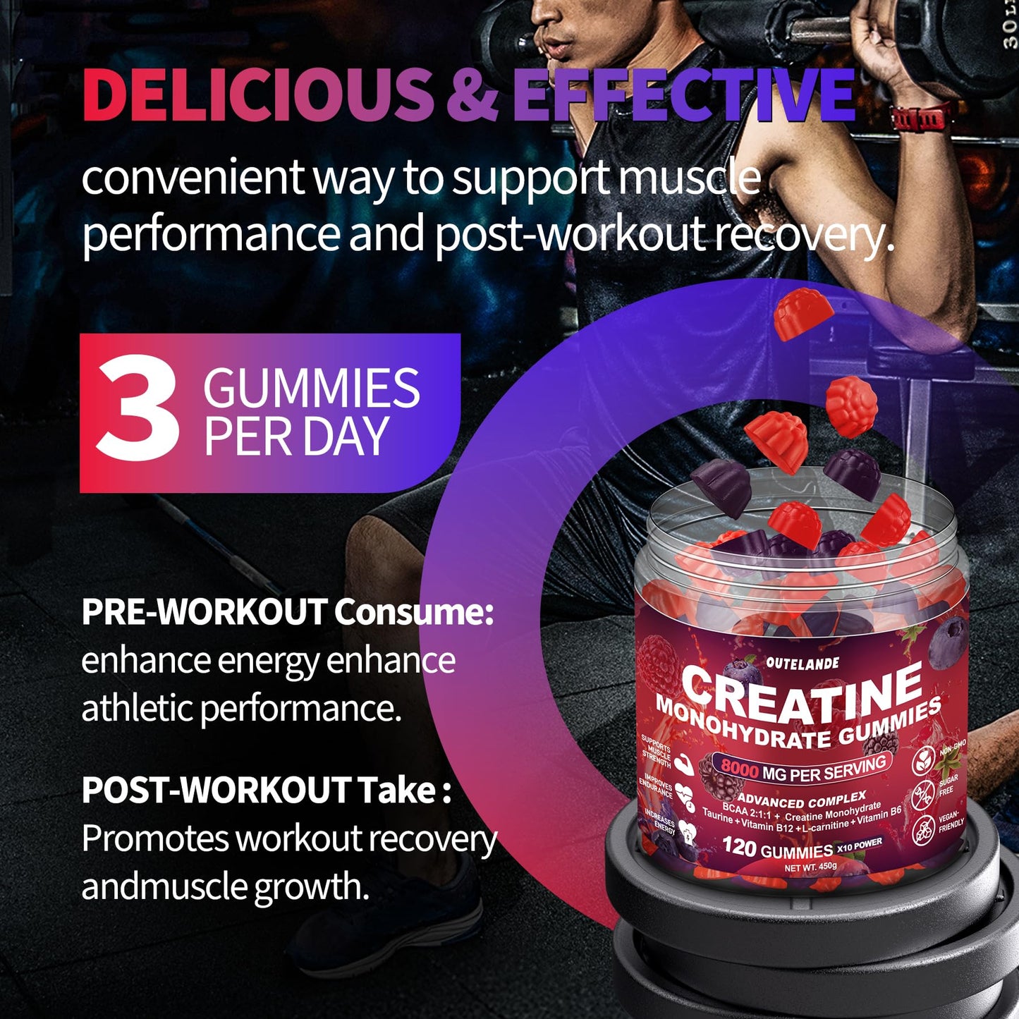 Creatine Monohydrate Gummies 8000 mg – Sugar Free, Vegan, Raspberry-Blackberry-Blueberry Flavor, 120 Count