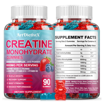 Creatine Monohydrate Gummies 8000mg with BCAA, L-Carnitine, Taurine & Vitamin B12 – Pre-Workout Supplement for Muscle Growth, 180 Count (Men & Women)