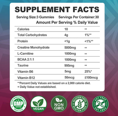 Creatine Monohydrate Gummies 8000mg with BCAA, L-Carnitine, Taurine & Vitamin B12 – Pre-Workout Supplement for Muscle Growth, 180 Count (Men & Women)