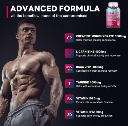 Creatine Monohydrate Gummies 8000mg with BCAA, L-Carnitine, Taurine & Vitamin B12 – Pre-Workout Supplement for Muscle Growth, 180 Count (Men & Women)