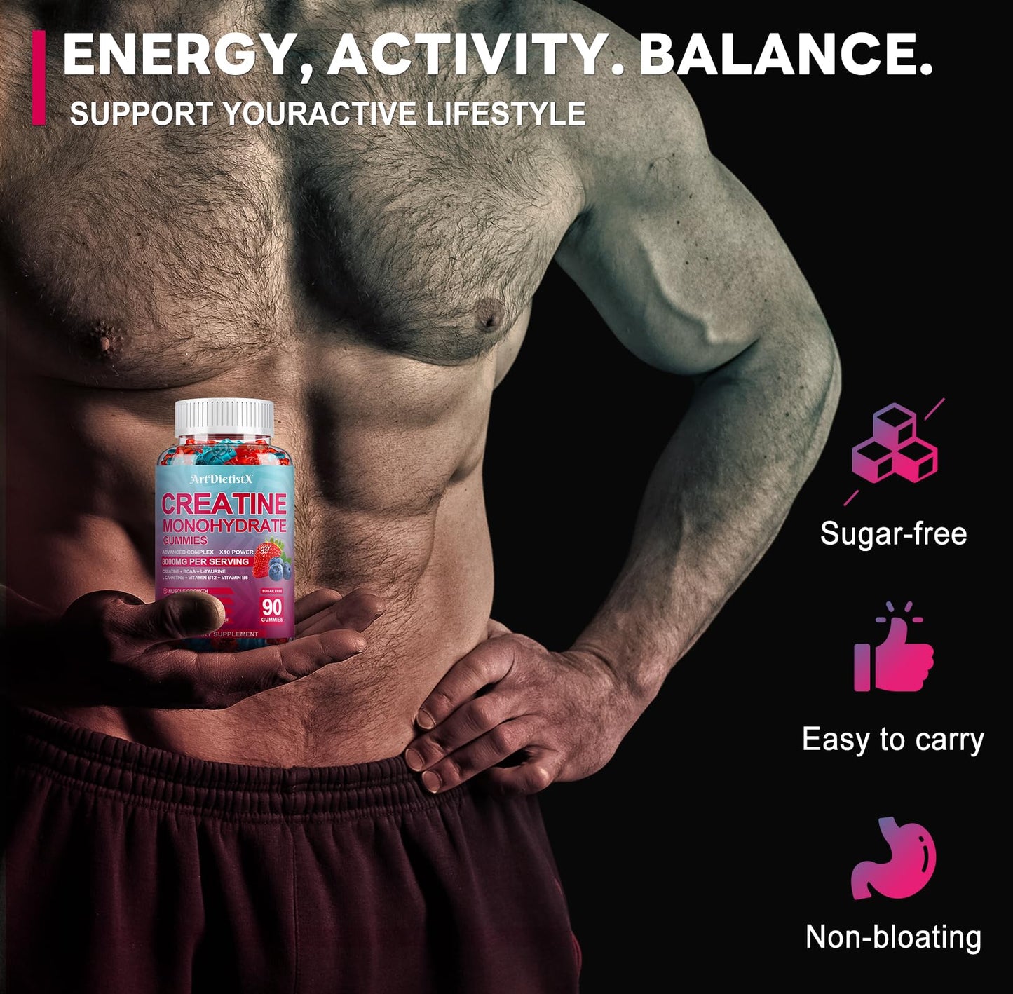 Creatine Monohydrate Gummies 8000mg with BCAA, L-Carnitine, Taurine & Vitamin B12 – Pre-Workout Supplement for Muscle Growth, 180 Count (Men & Women)