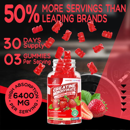 Creatine Monohydrate Gummies Complex – Advanced Formula with L-Taurine & Vitamin B12 | 90 Strawberry Gummies