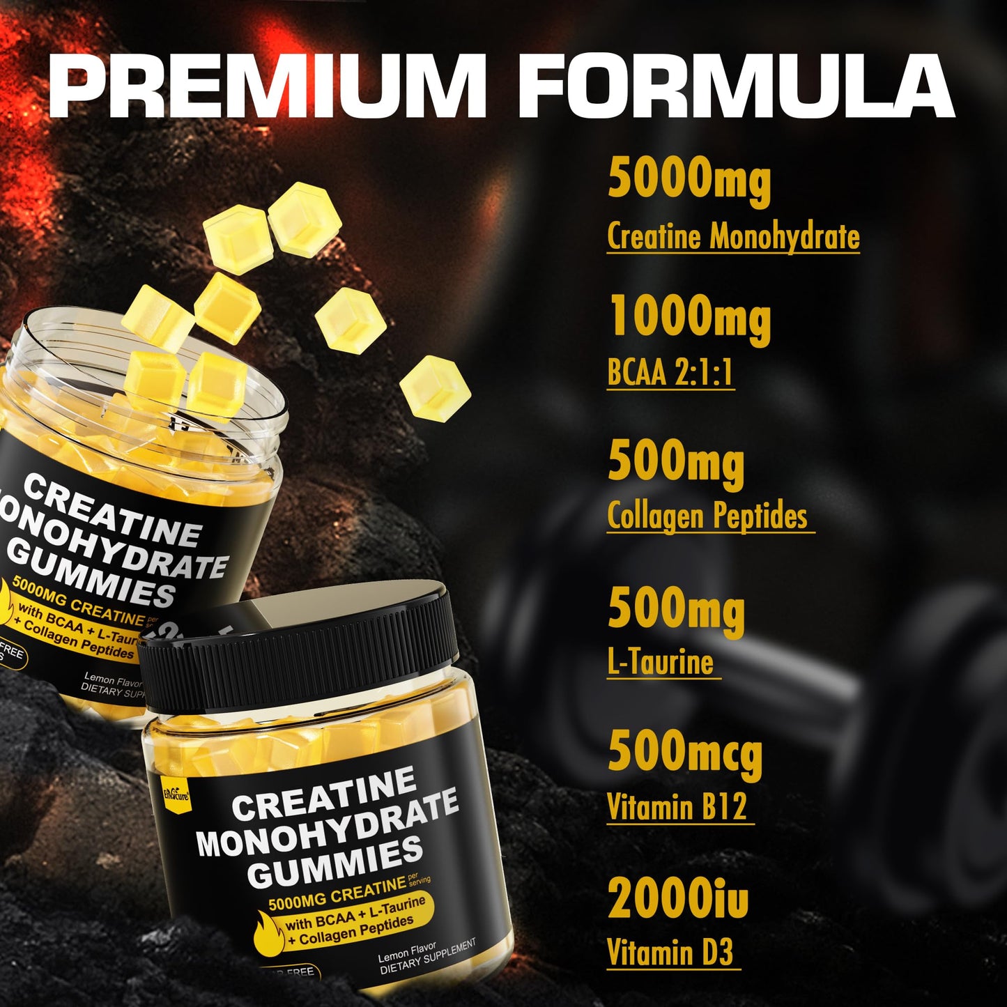 Creatine Monohydrate Gummies 5g per Serving - Sugar Free, Lemon Flavor | BCAA, Collagen, B12, D3 | 2 Pack