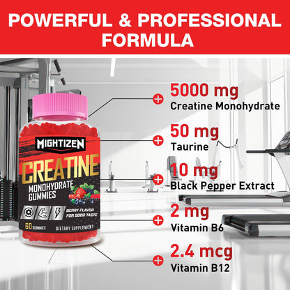 Creatine Monohydrate Gummies – Berry Pre-Workout for Men & Women, Taurine & B12, 60 Count