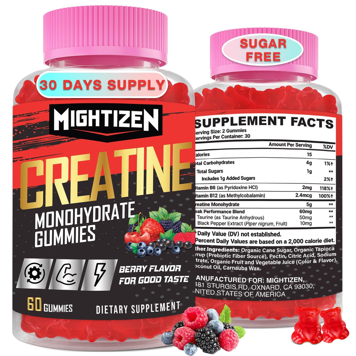 Creatine Monohydrate Gummies – Berry Pre-Workout for Men & Women, Taurine & B12, 60 Count