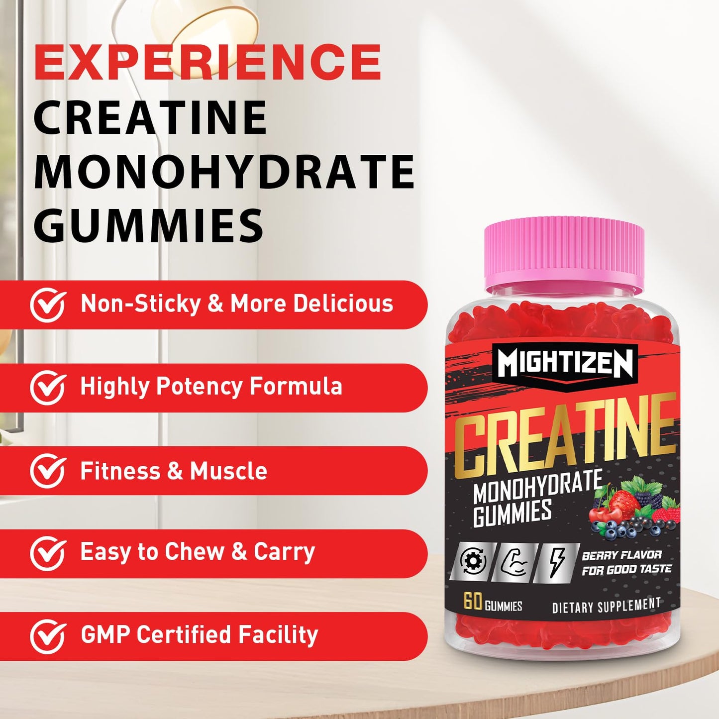 Creatine Monohydrate Gummies – Berry Pre-Workout for Men & Women, Taurine & B12, 60 Count