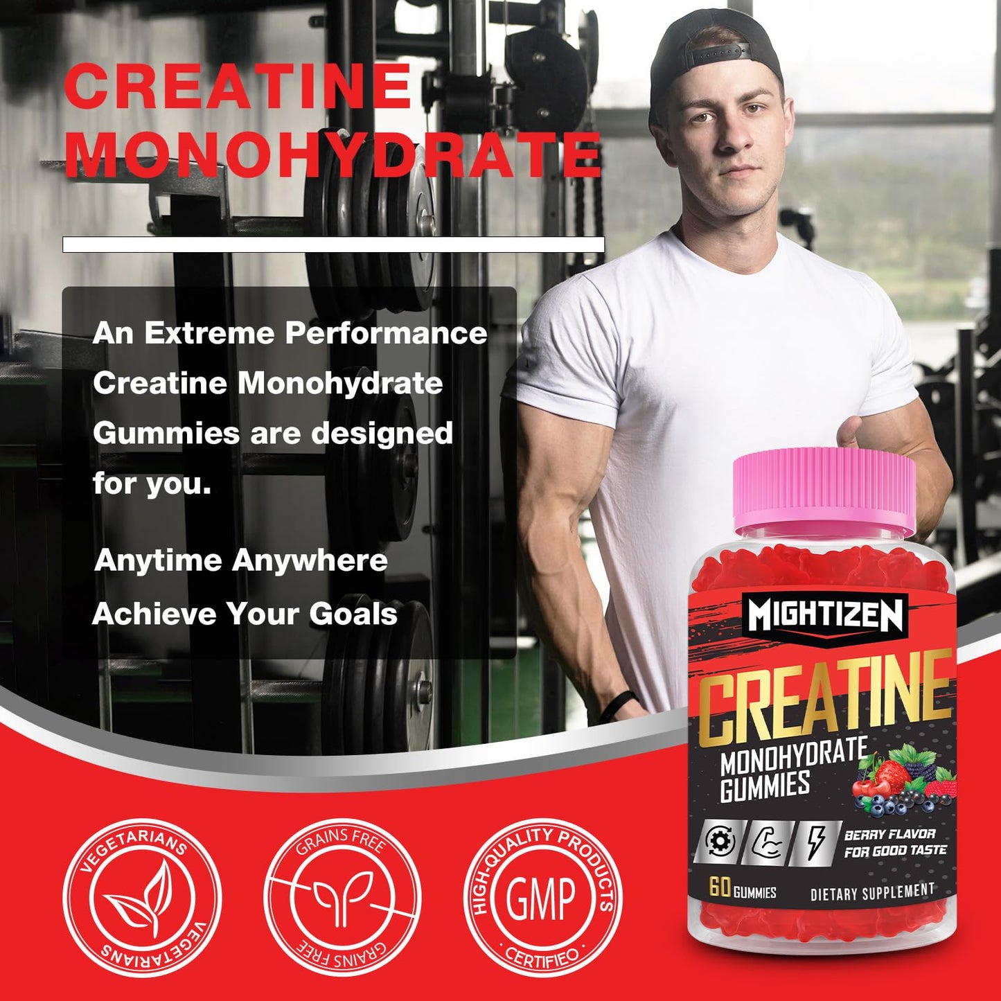 Creatine Monohydrate Gummies – Berry Pre-Workout for Men & Women, Taurine & B12, 60 Count
