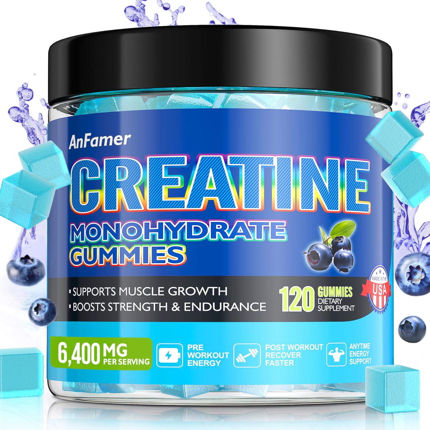 Creatine Monohydrate Gummies for Men & Women – 120 Count | Sugar Free, Vegan, Blueberry