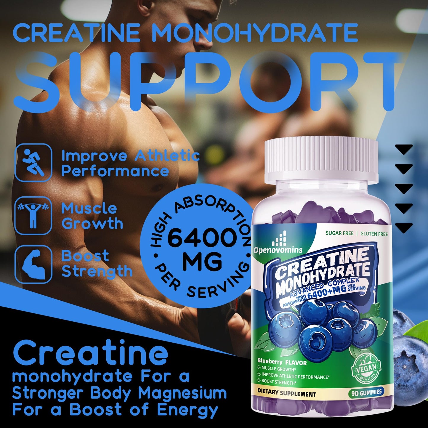 Creatine Monohydrate Gummies Complex – Sugar Free, Vegan, 180 Blueberry Gummies 2-Pack with Taurine & Vitamin B12
