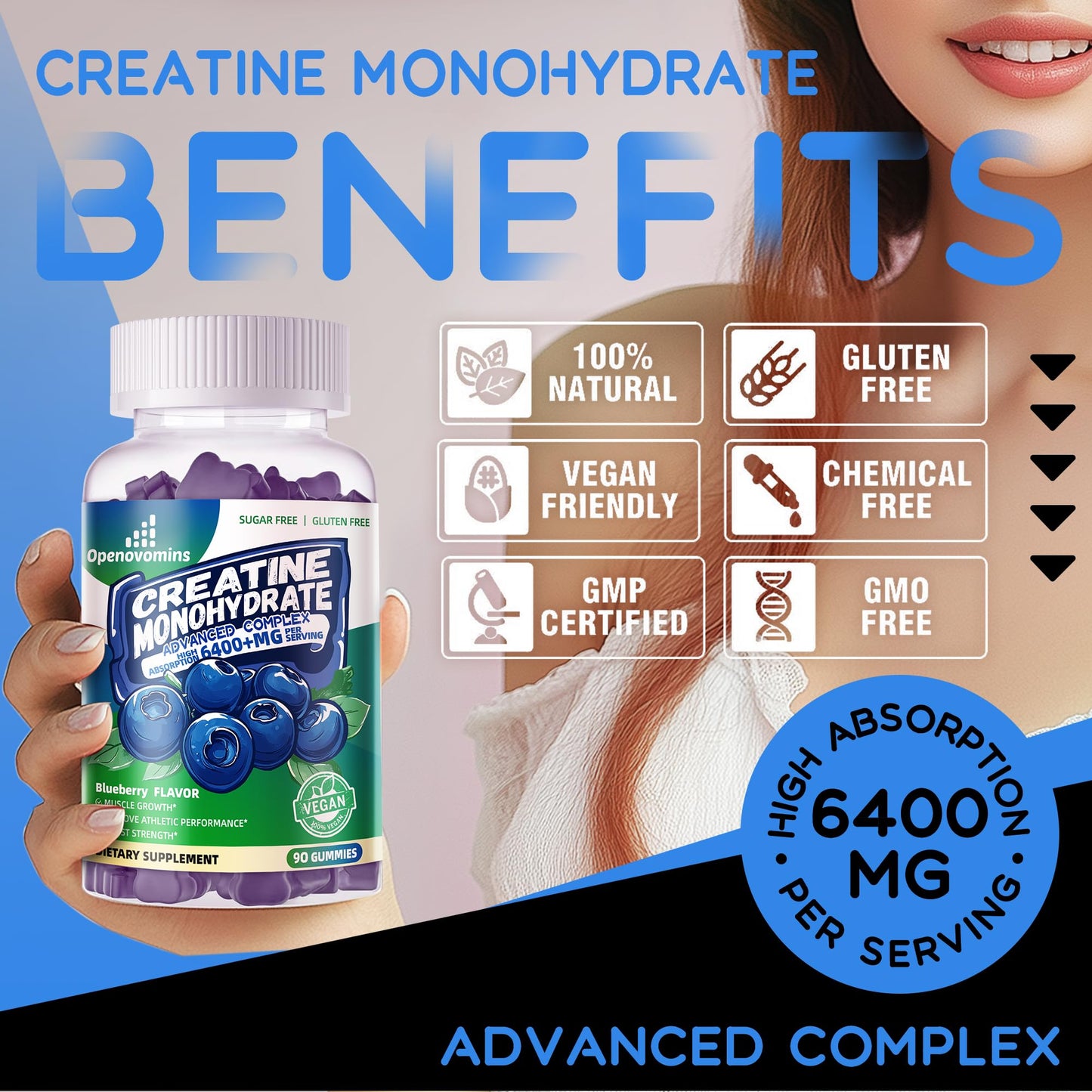 Creatine Monohydrate Gummies Complex – Sugar Free, Vegan, 180 Blueberry Gummies 2-Pack with Taurine & Vitamin B12
