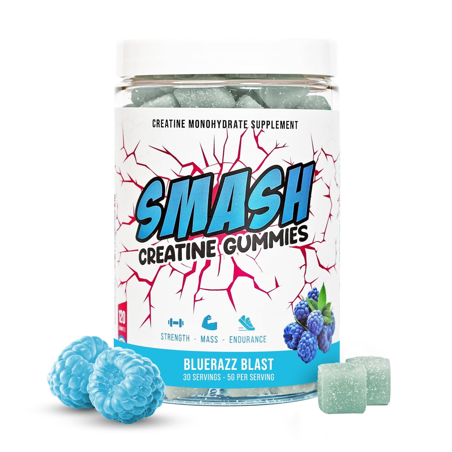 Creatine Monohydrate Gummies 5g Dose – Made in USA, Vegan, Gluten Free | Bluerazz Blast 120 Gummies