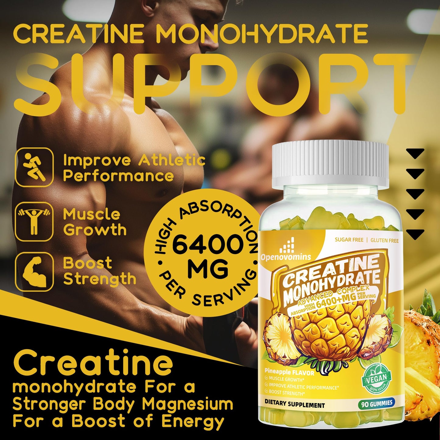 Creatine Monohydrate Gummies Complex – 6400mg per Serving, L-Taurine & Vitamin B12, Sugar Free Pineapple 90 Gummies