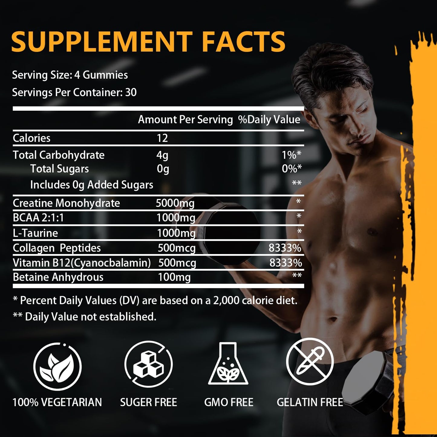 Creatine Monohydrate Gummies – Complex 8000 mg Pre-Workout | 120 Count | Vegan, Sugar-Free