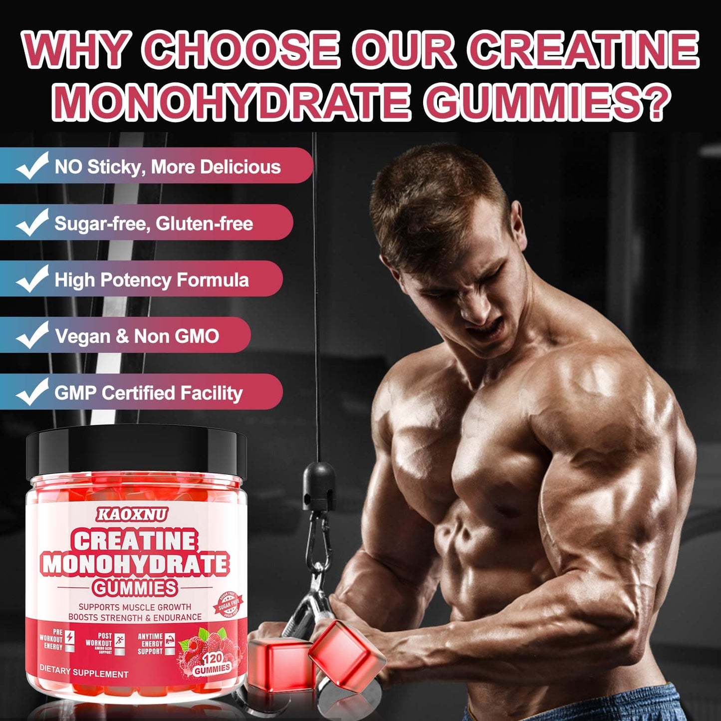 Creatine Monohydrate Gummies – 120 CT, 5000mg/Serving, Sugar Free Raspberry (Men & Women)