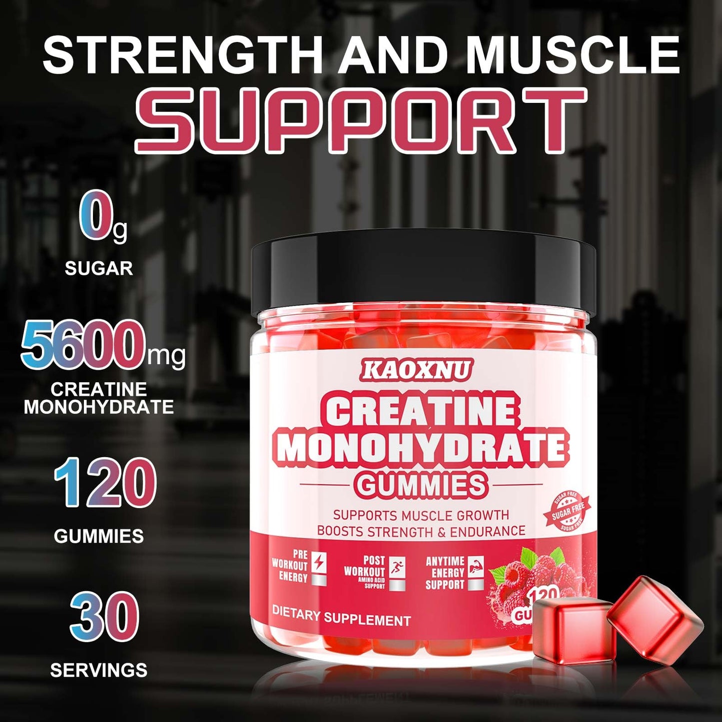Creatine Monohydrate Gummies – 120 CT, 5000mg/Serving, Sugar Free Raspberry (Men & Women)