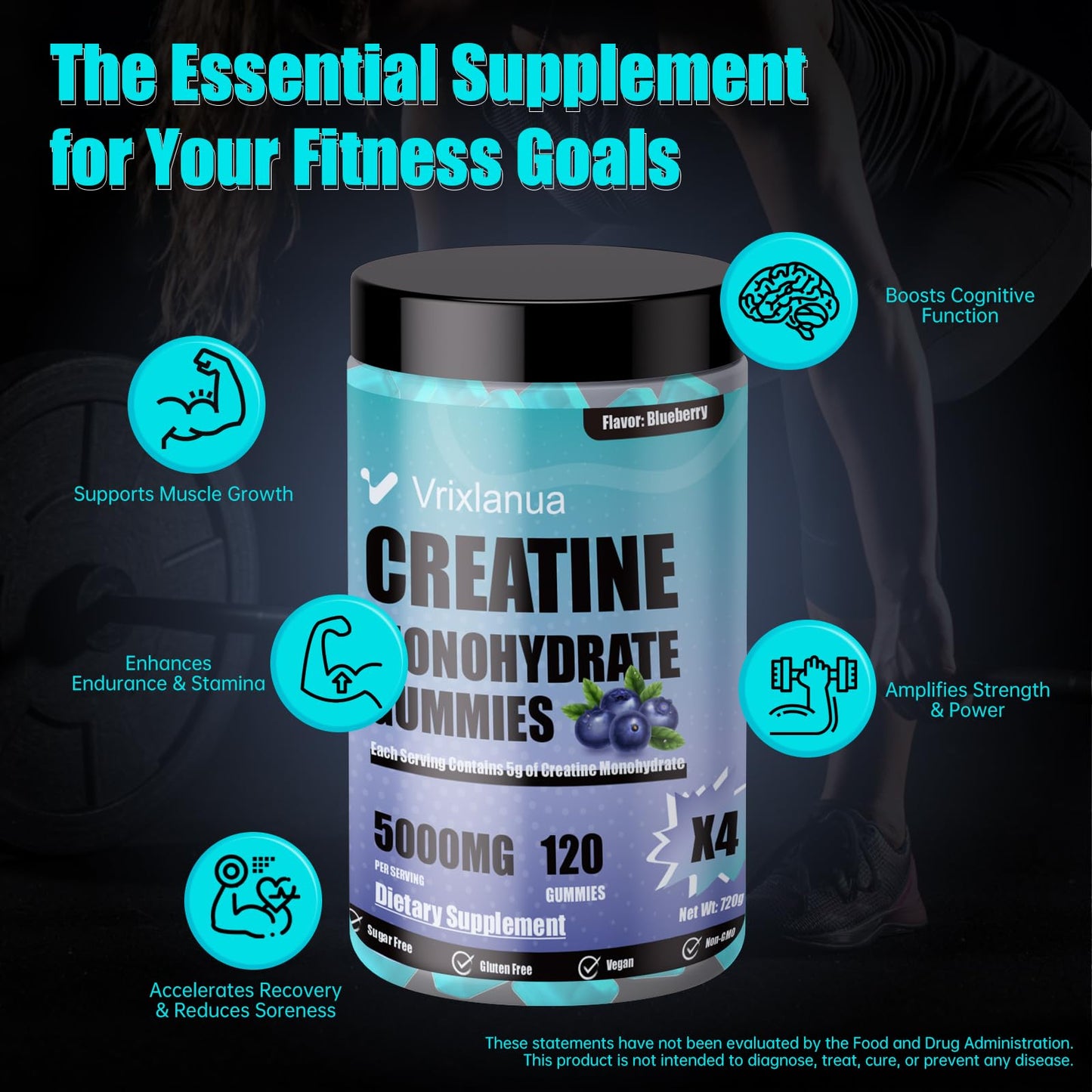 Creatine Monohydrate Gummies – 5g per Serving, Vegan, Sugar-Free, Blueberry | 120 Count