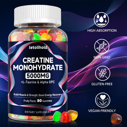 Creatine Monohydrate Gummies 5g for Women & Men – Sugar-Free Vegan, 160 Count