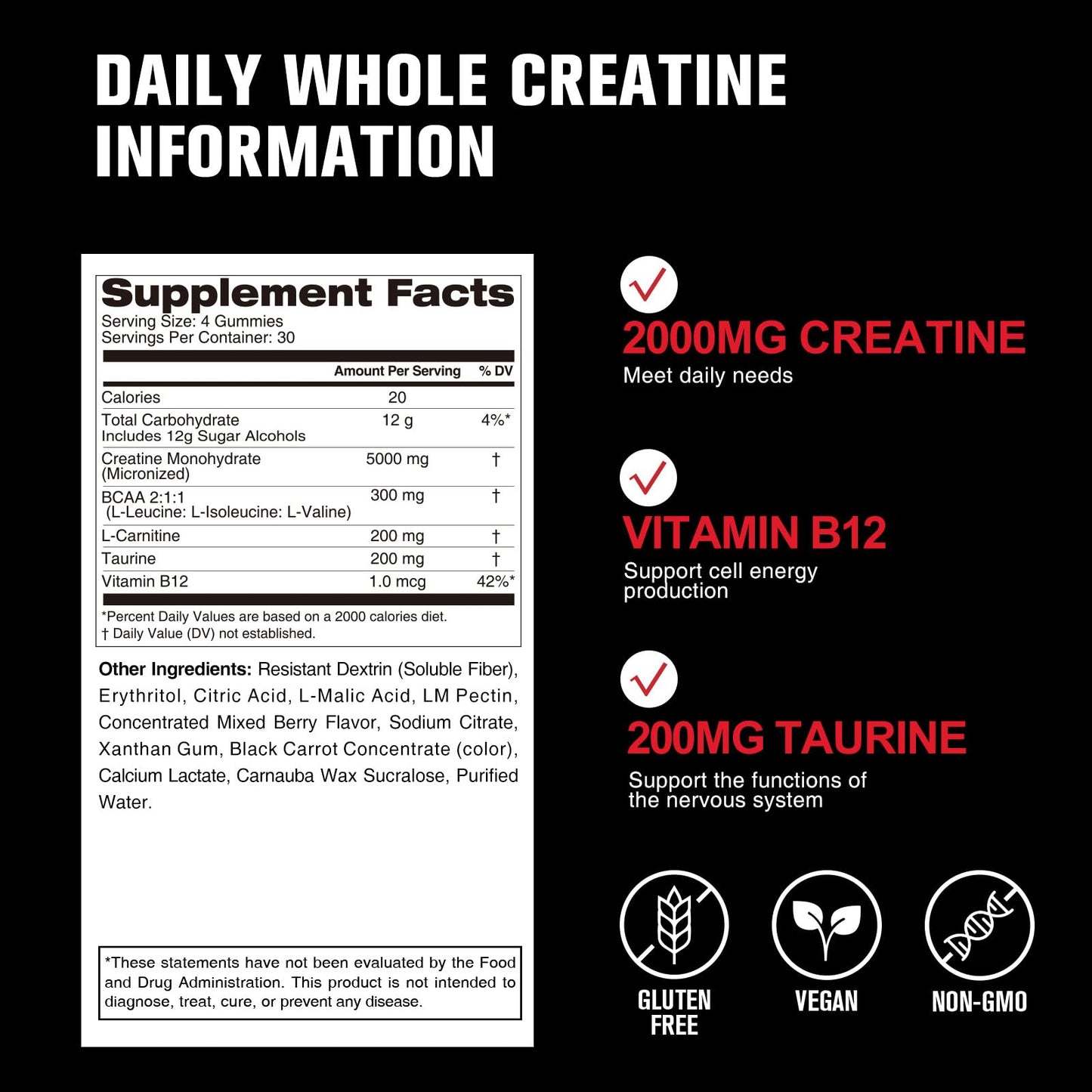 7-in-1 Creatine Monohydrate Gummies 5600mg – Mixed Berry, Sugar Free, Vegan