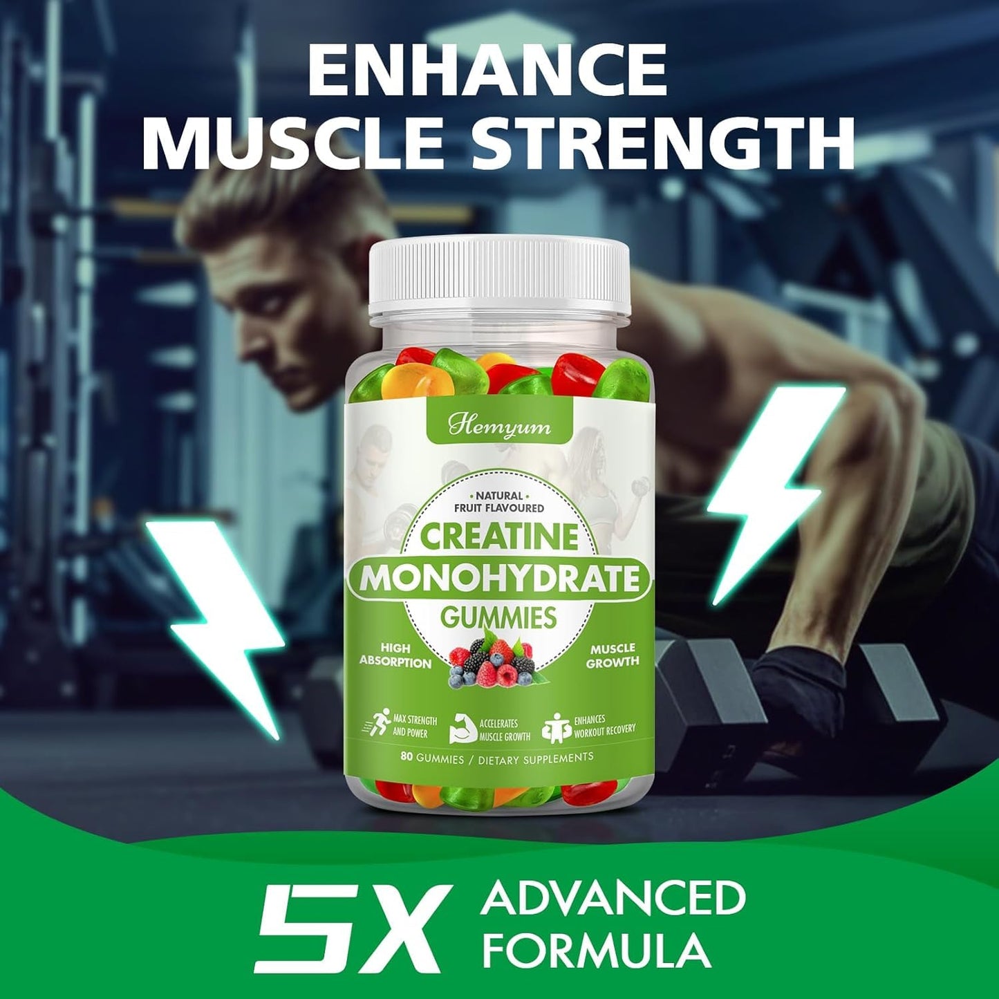 Creatine Monohydrate Gummies – 80 Count | Vegan, Gluten-Free | Strength, Focus & Endurance (Men & Women)