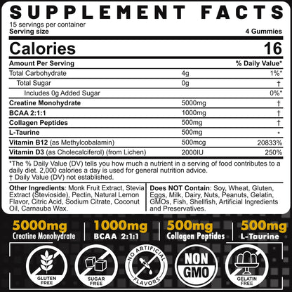 Creatine Monohydrate Gummies 5g per Serving - Sugar Free, Lemon Flavor | BCAA, Collagen, B12, D3 | 2 Pack