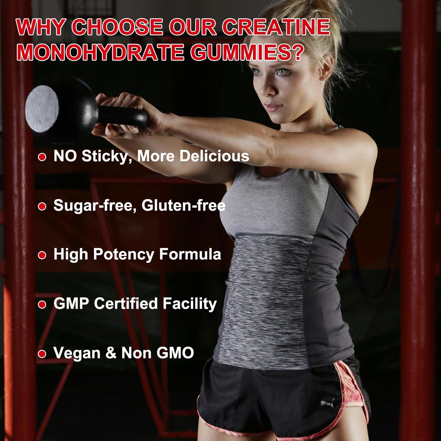 Creatine Monohydrate Gummies 5000mg – Sugar-Free, Vegan, Gluten-Free, Strawberry (60 Count)