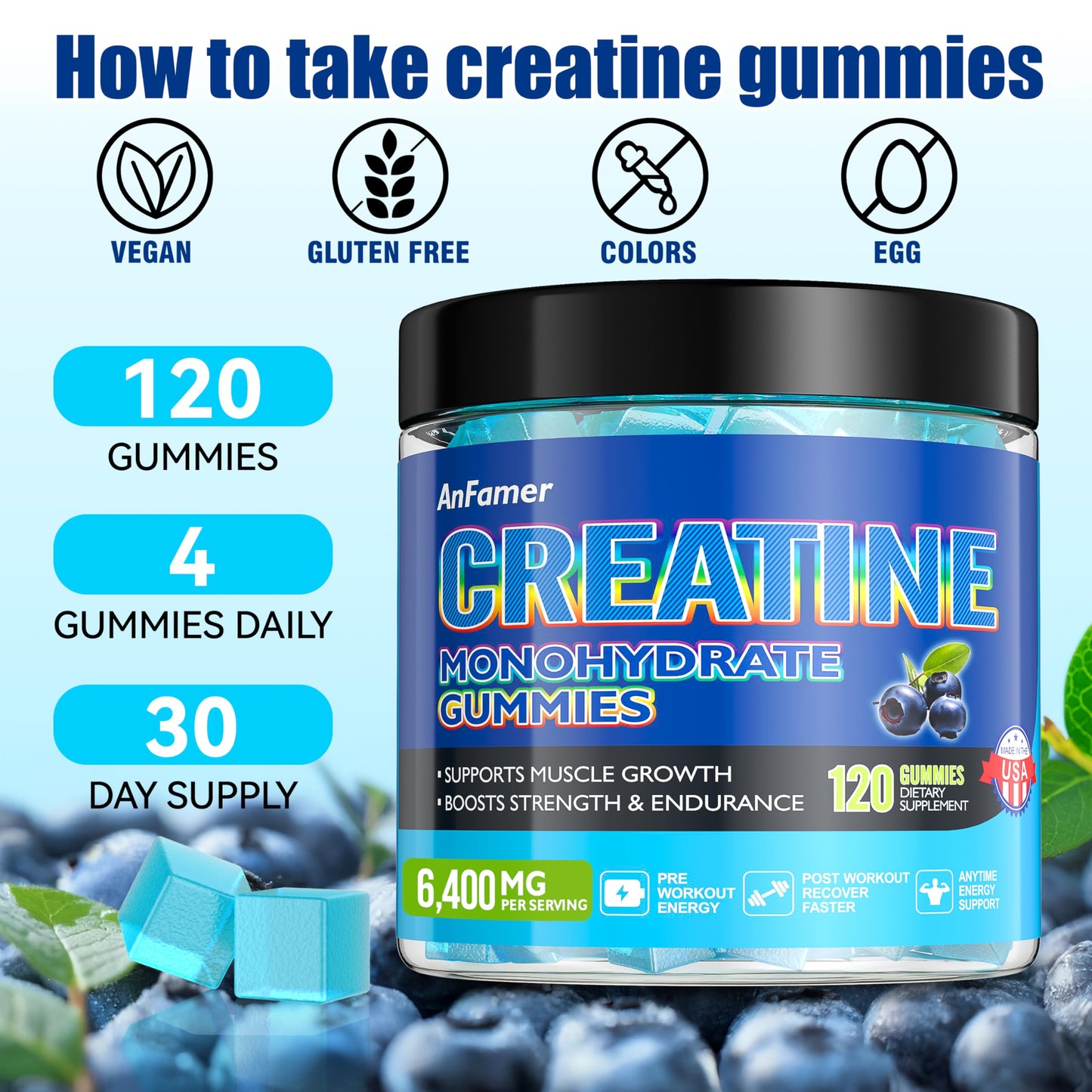 Creatine Monohydrate Gummies for Men & Women – 120 Count | Sugar Free, Vegan, Blueberry