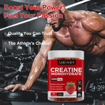 Creatine Monohydrate Gummies 5000mg – Sugar-Free, Vegan, Gluten-Free, Strawberry (60 Count)