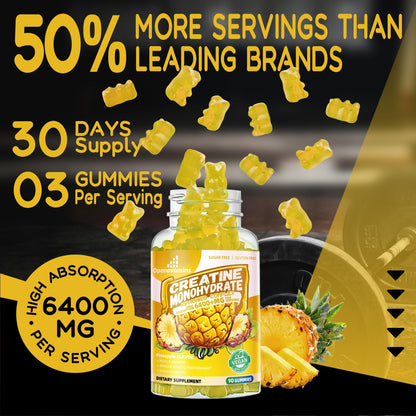 Creatine Monohydrate Gummies Complex – 6400mg per Serving, L-Taurine & Vitamin B12, Sugar Free Pineapple 90 Gummies